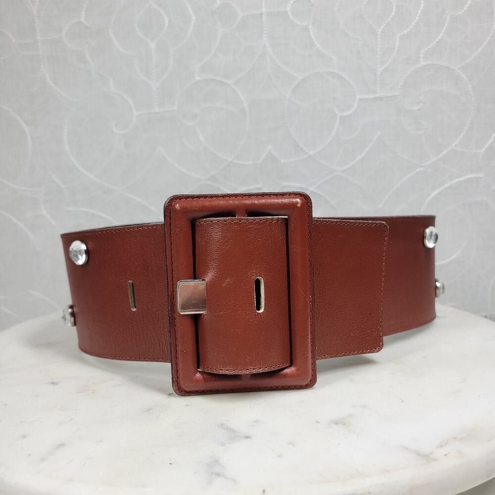Vintage Yves Saint Laurent Wide Belt S Brown Leather‎ Buckle Rhinestone Rivets